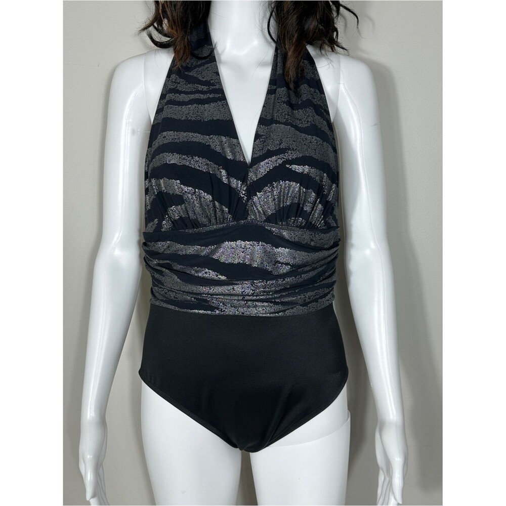 Magicsuit Woman Swimsuit Size 10 Black Silver Metallic Yves One-Piece Halter - Picture 2 of 11